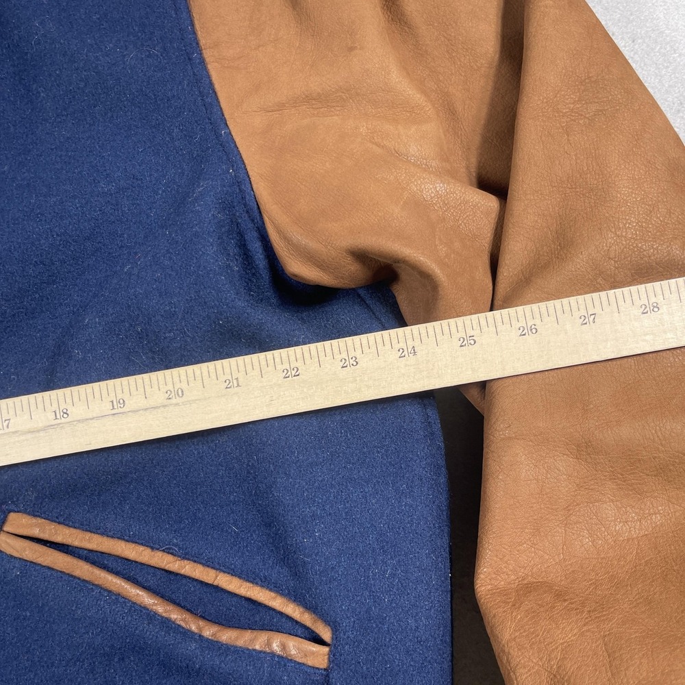 Butwin Varsity Jacket Men Large Regular Navy Blue Tan Leather Sleeve Vintage 90s - Picture 6 of 11